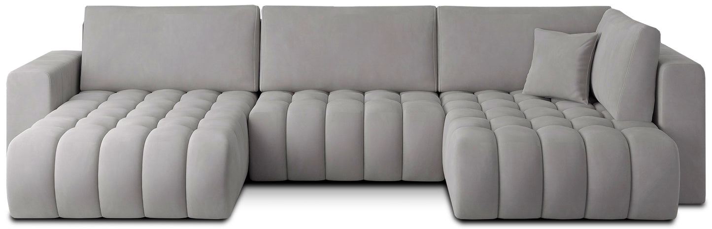 Narożnik Bonito, modułowa sofa narożna w tkaninie Nube 03 jasnoszary, widok z przodu na białym tle