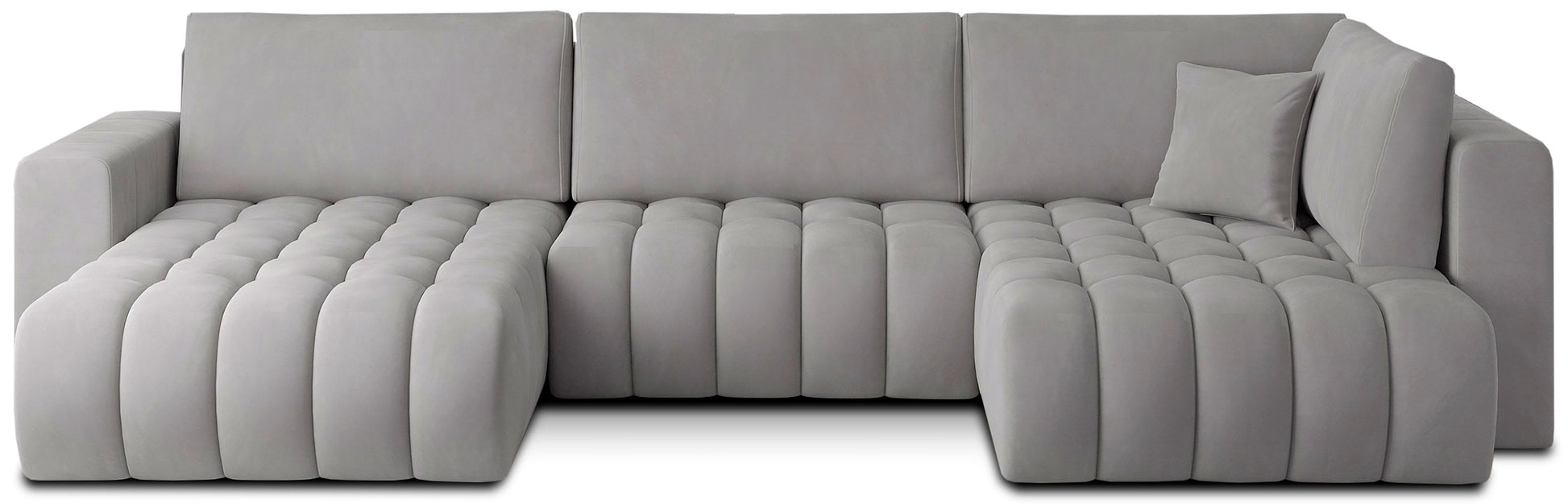 Narożnik Bonito, modułowa sofa narożna w tkaninie Nube 03 jasnoszary, widok z przodu na białym tle