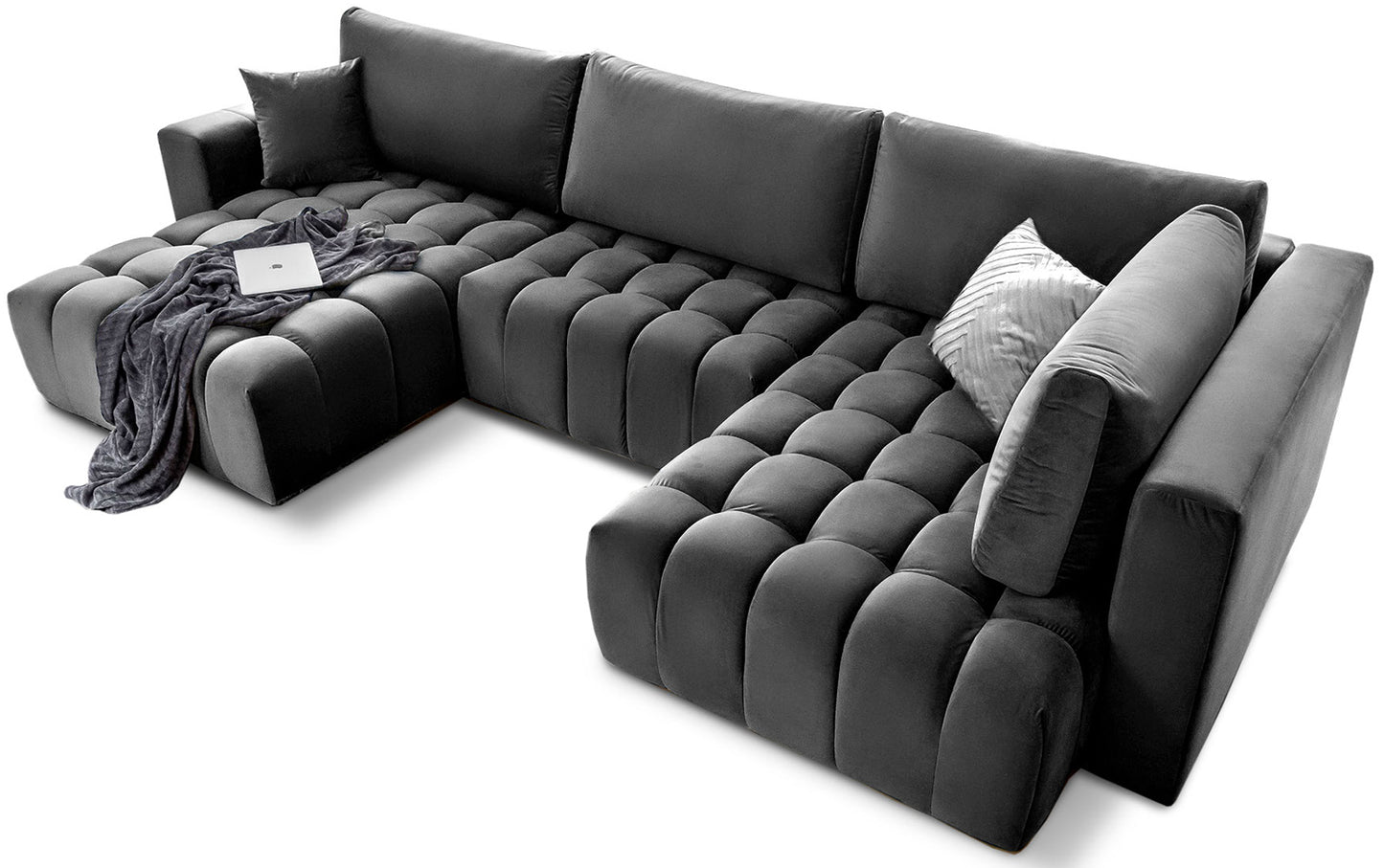 Narożnik Bonito, modułowa sofa narożna w tkaninie Nube 06 ciemnoszary, widok perspektywiczny z szezlongiem