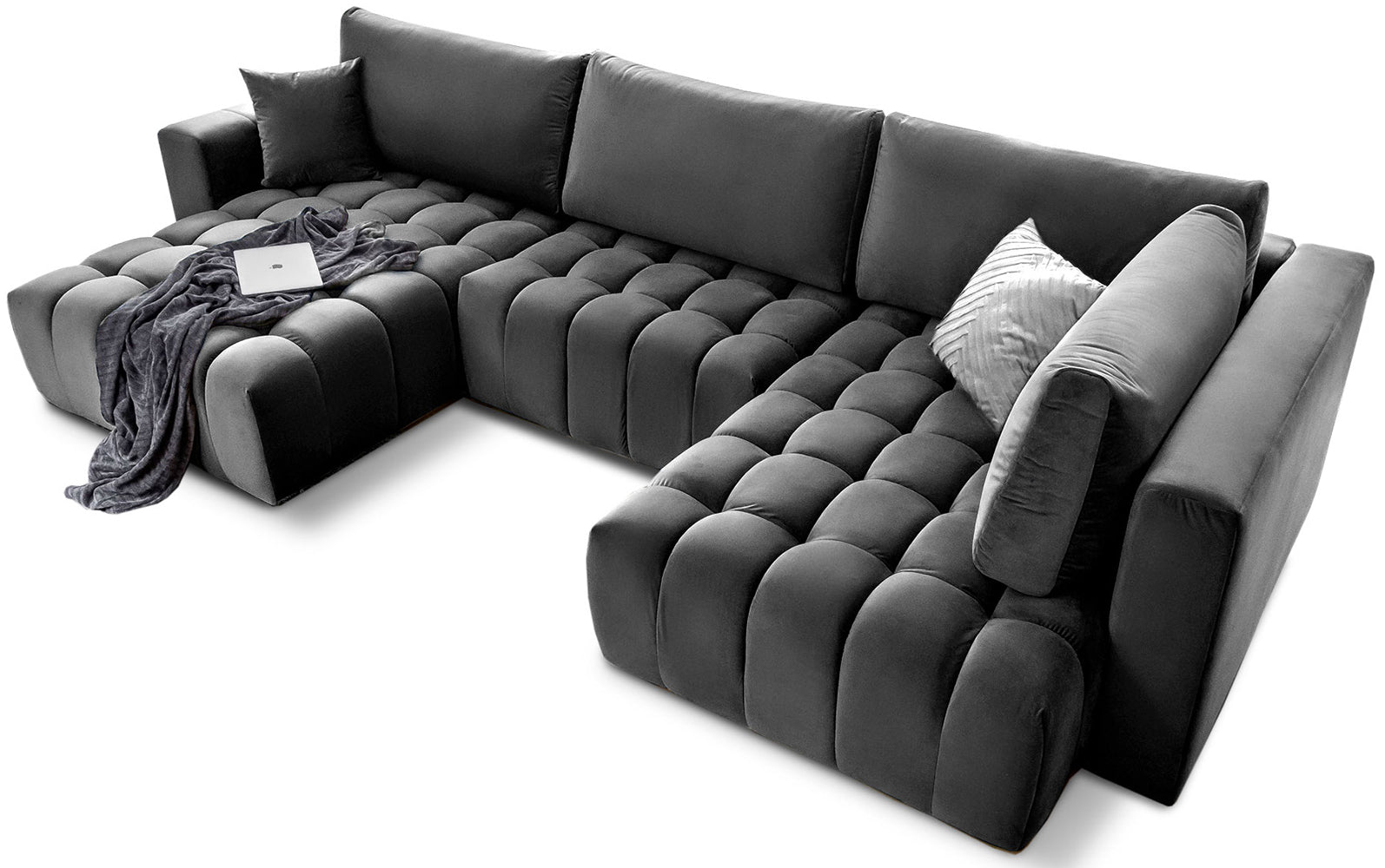 Narożnik Bonito, modułowa sofa narożna w tkaninie Nube 06 ciemnoszary, widok perspektywiczny z szezlongiem