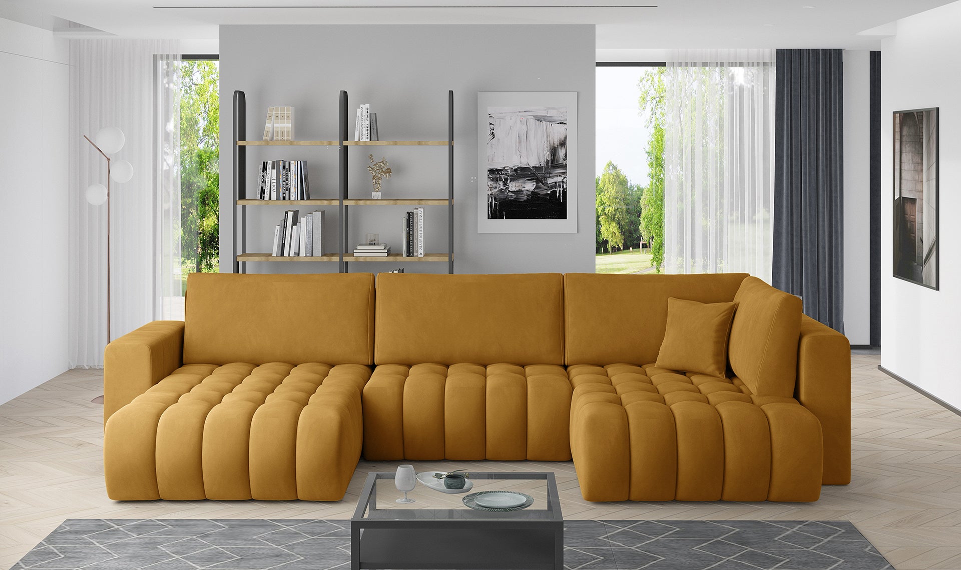 Narożnik Bonito w tkaninie Nube 45 żółty, modułowa sofa narożna ustawiona w nowoczesnym salonie
