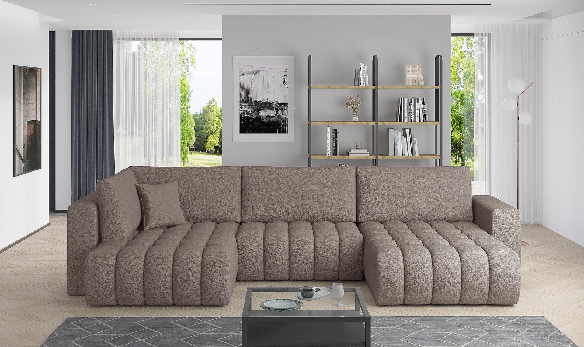 Narożnik Bonito w tkaninie Savoi 07 beżowy, modułowa sofa narożna ustawiona w nowoczesnym salonie