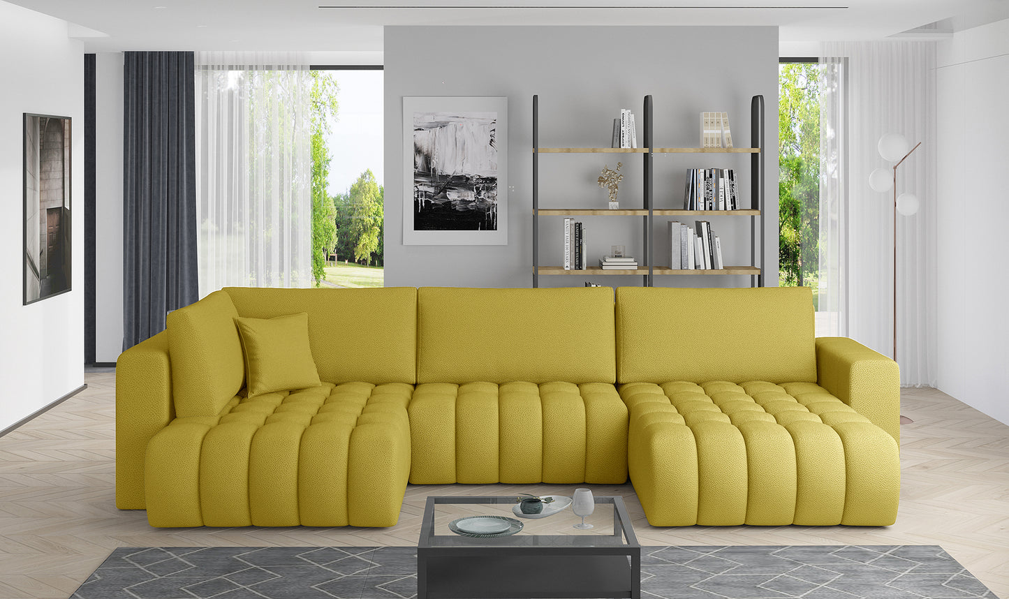 Narożnik Bonito w tkaninie Savoi 45 żółty, modułowa sofa narożna ustawiona w nowoczesnym salonie