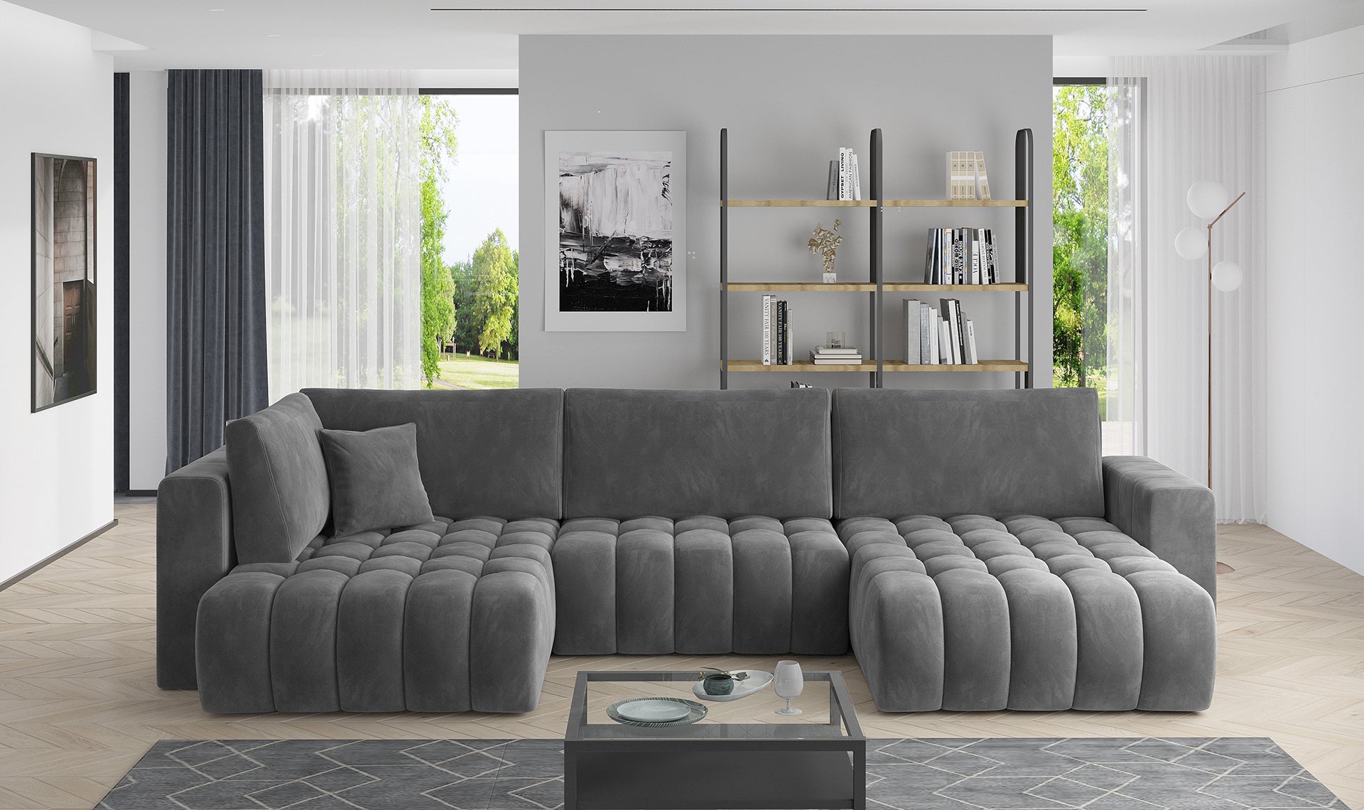 Narożnik Bonito w tkaninie Sola 06 szary, modułowa sofa narożna ustawiona w nowoczesnym salonie