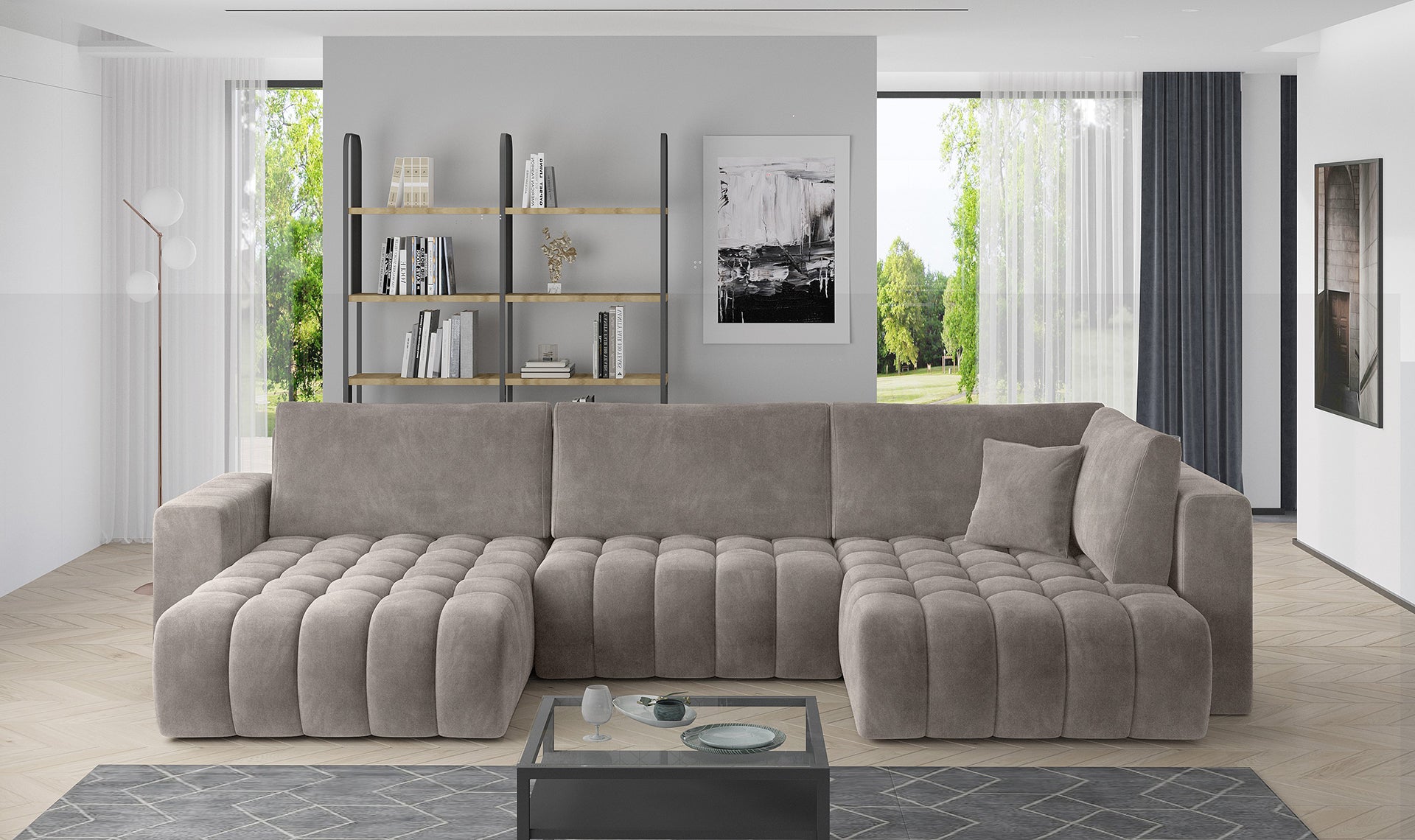 Narożnik Bonito w tkaninie Sola 18 jasnobezowy, modułowa sofa narożna ustawiona w nowoczesnym salonie