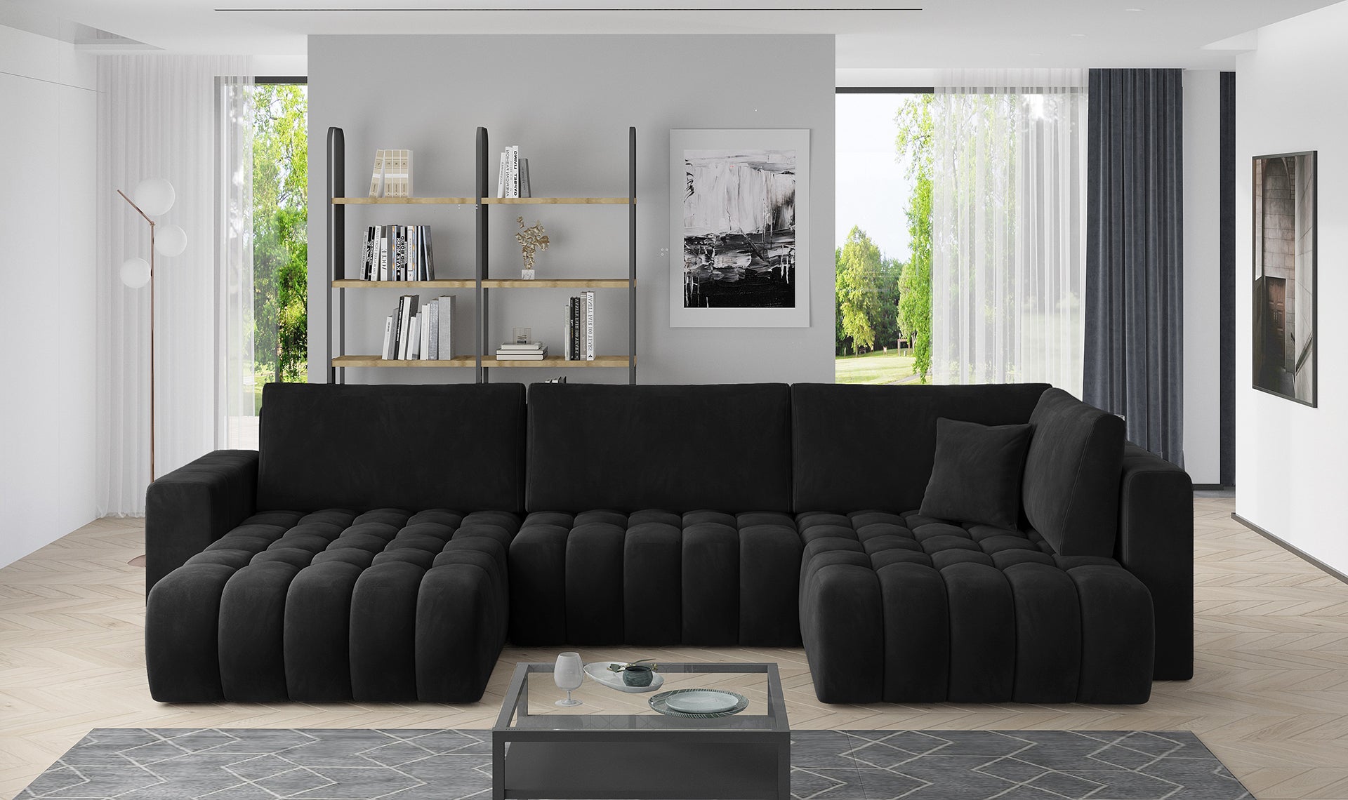 Narożnik Bonito w tkaninie Velvetmat 10 czarny, modułowa sofa narożna ustawiona w nowoczesnym salonie