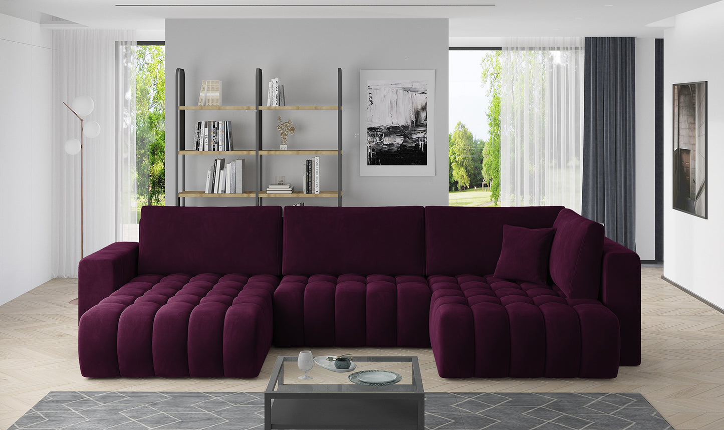 Narożnik Bonito w tkaninie Velvetmat 25 czerwony, modułowa sofa narożna ustawiona w nowoczesnym salonie