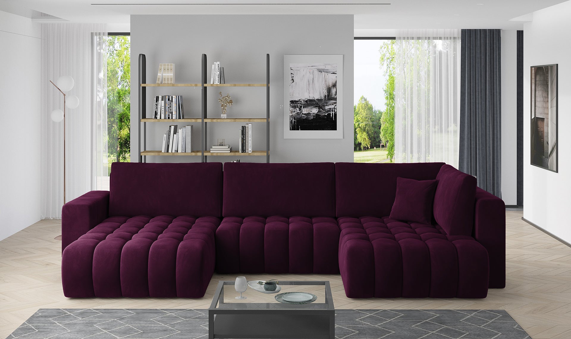 Narożnik Bonito w tkaninie Velvetmat 25 czerwony, modułowa sofa narożna ustawiona w nowoczesnym salonie