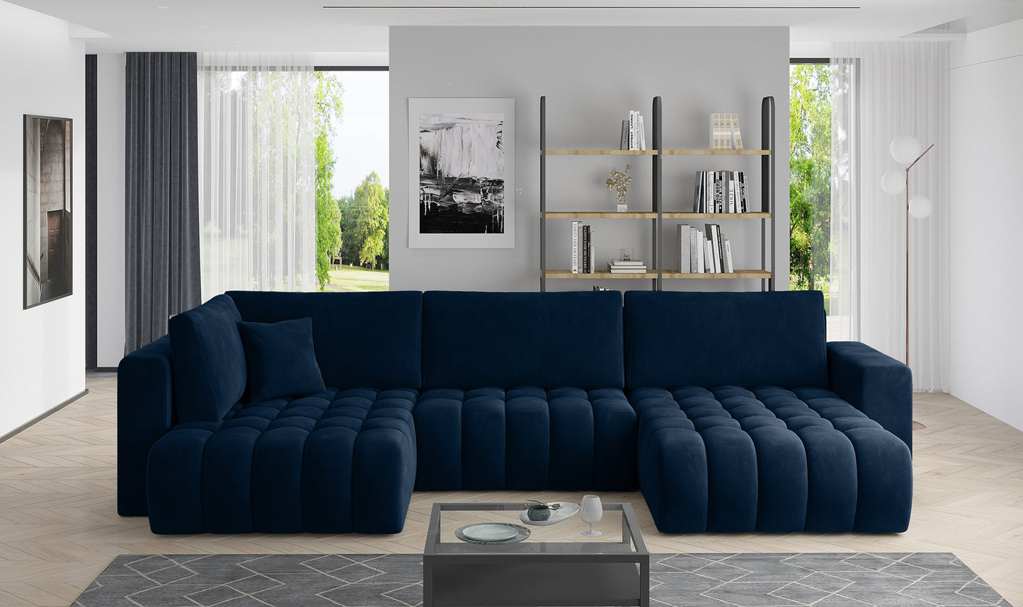 Narożnik Bonito w tkaninie Velvetmat 40 granatowy, modułowa sofa narożna ustawiona w nowoczesnym salonie



