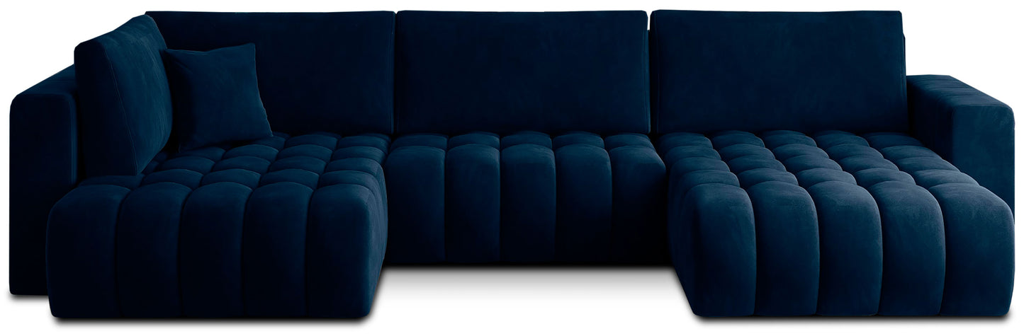 Narożnik Bonito, modułowa sofa narożna w tkaninie Velvetmat 40 granatowy, widok z przodu na białym tle