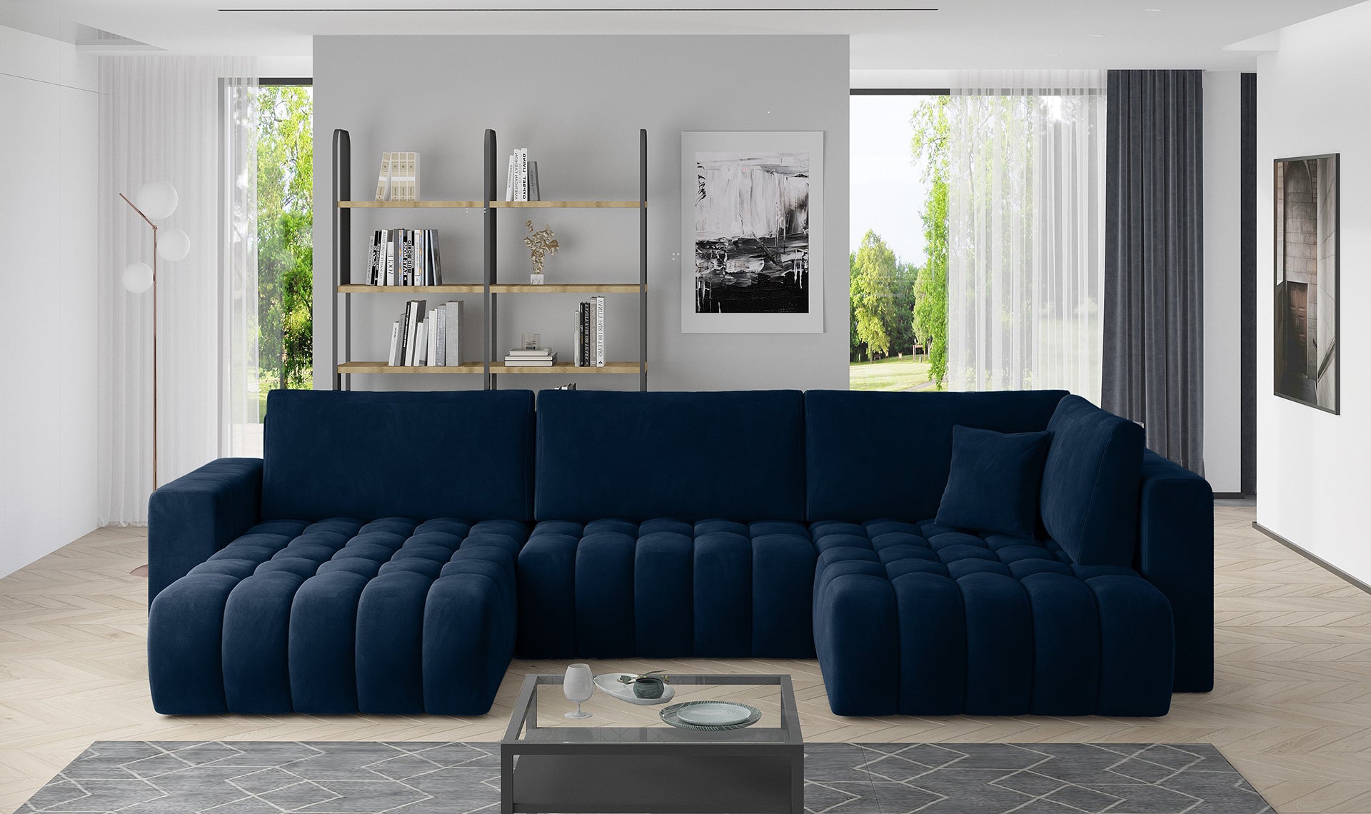 Narożnik Bonito w tkaninie Velvetmat granatowy, modułowa sofa narożna ustawiona w nowoczesnym salonie