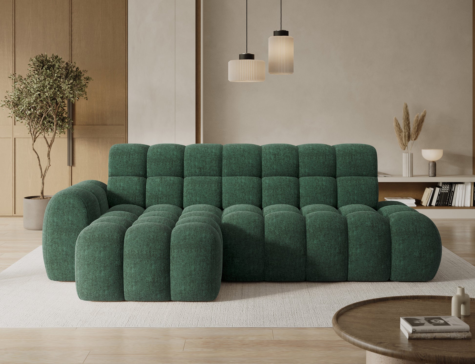 Narożnik Ceedro Amore 35 ciemnozielony – miękki, modułowy design, funkcjonalność i styl do nowoczesnego salonu.