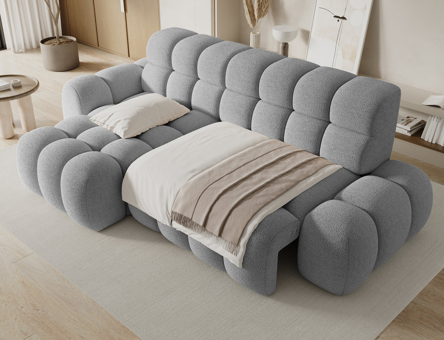 Narożnik Ceedro lewy Royal 04 szary — rozłożony z funkcją spania, nowoczesny design, komfortowy mebel do salonu.
