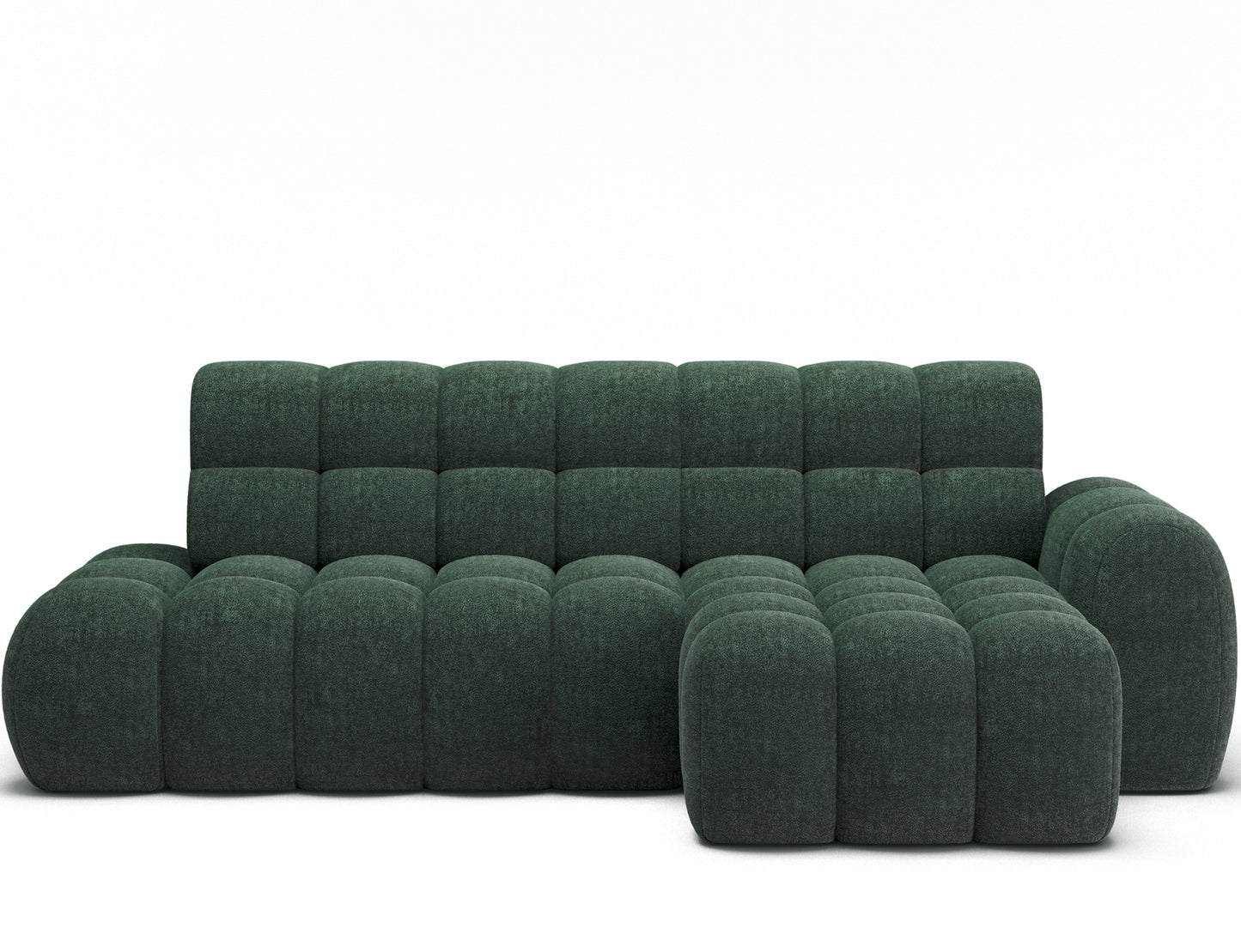 Ciemnozielony narożnik Ceedro z tkaniny Amore 35. Minimalistyczna forma, obłe linie i głęboka zieleń w eleganckim, frontalnym ujęciu.