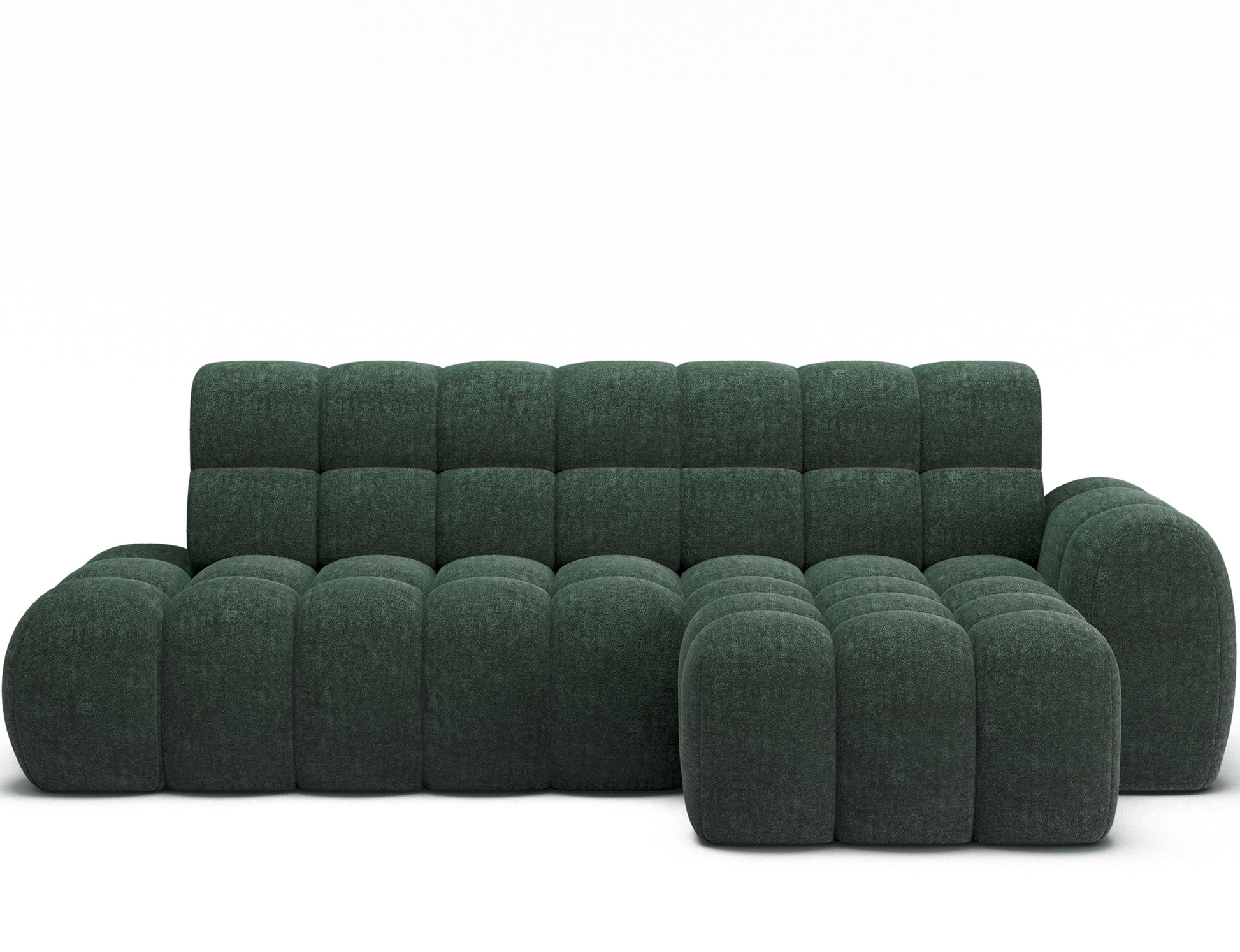 Ciemnozielony narożnik Ceedro z tkaniny Amore 35. Minimalistyczna forma, obłe linie i głęboka zieleń w eleganckim, frontalnym ujęciu.