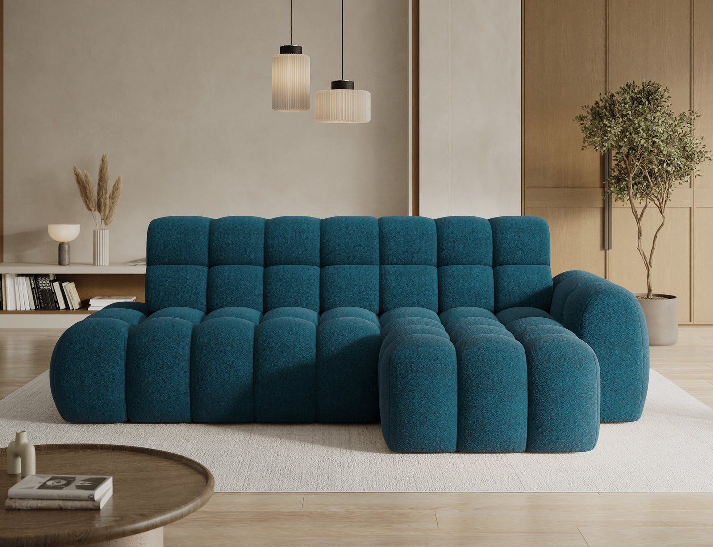 Nowoczesny narożnik Ceedro prawy w tkaninie Amore 40 – elegancki granat i modułowa forma idealna do designerskich wnętrz.