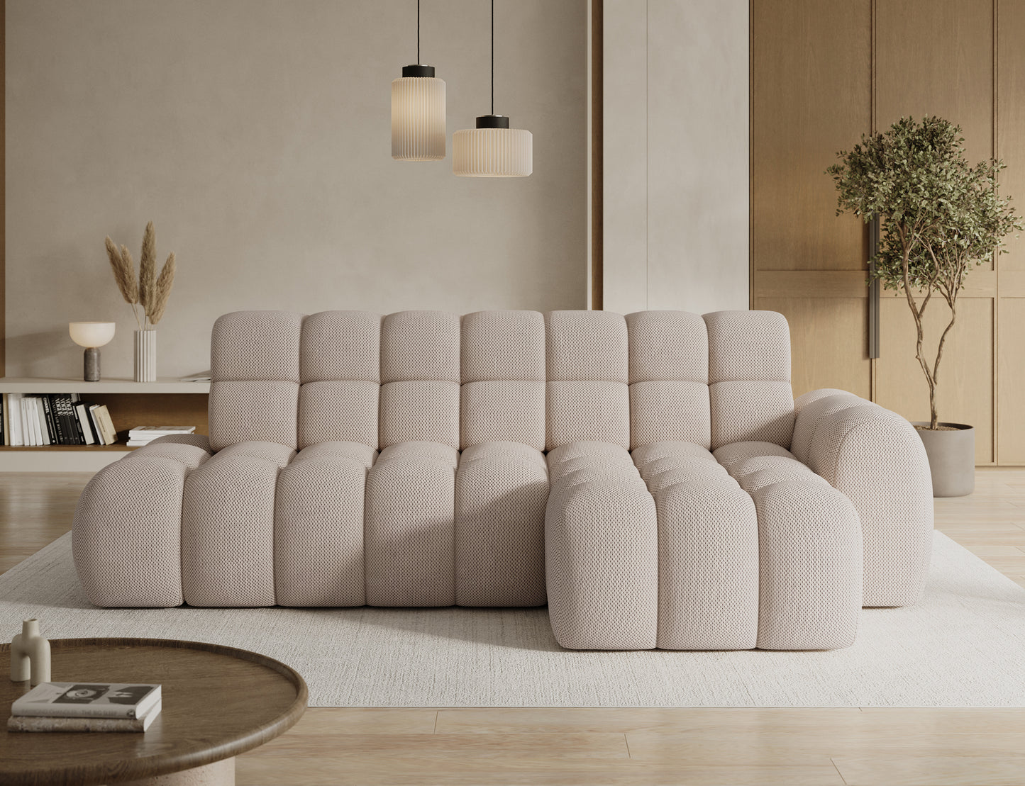 Narożnik Ceedro prawostronny z funkcją Relax w jasnym salonie – elegancki design, miękkie formy i komfortowy układ do wypoczynku.
