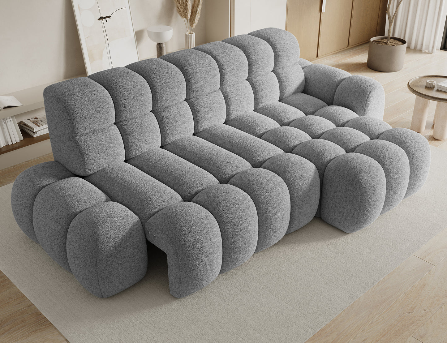 Prawy narożnik Ceedro Royal 04 szary, funkcja spania rozłożona, nowoczesny design, tkanina boucle, widok z góry.