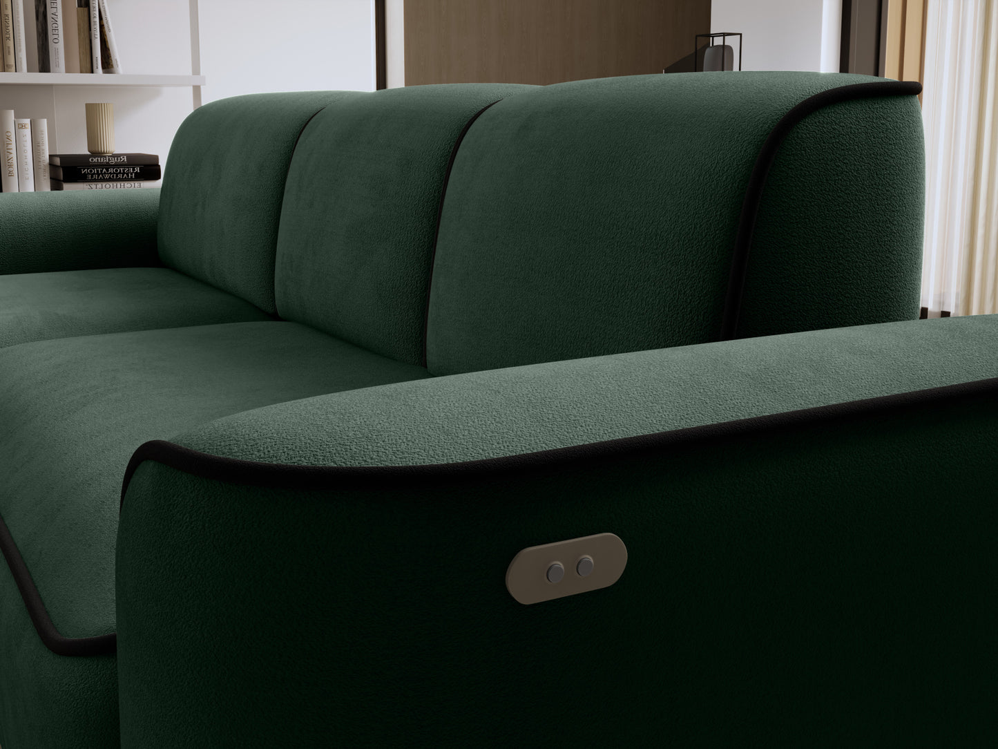 Zbliżenie na oparcie i boczny panel sterowania narożnika Ume w Amore 35 ciemnozielonym z lamówką Velvetmat 10 czarną.