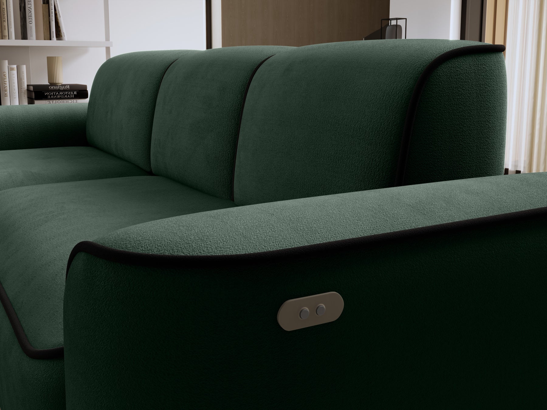 Zbliżenie na oparcie i boczny panel sterowania narożnika Ume w Amore 35 ciemnozielonym z lamówką Velvetmat 10 czarną.