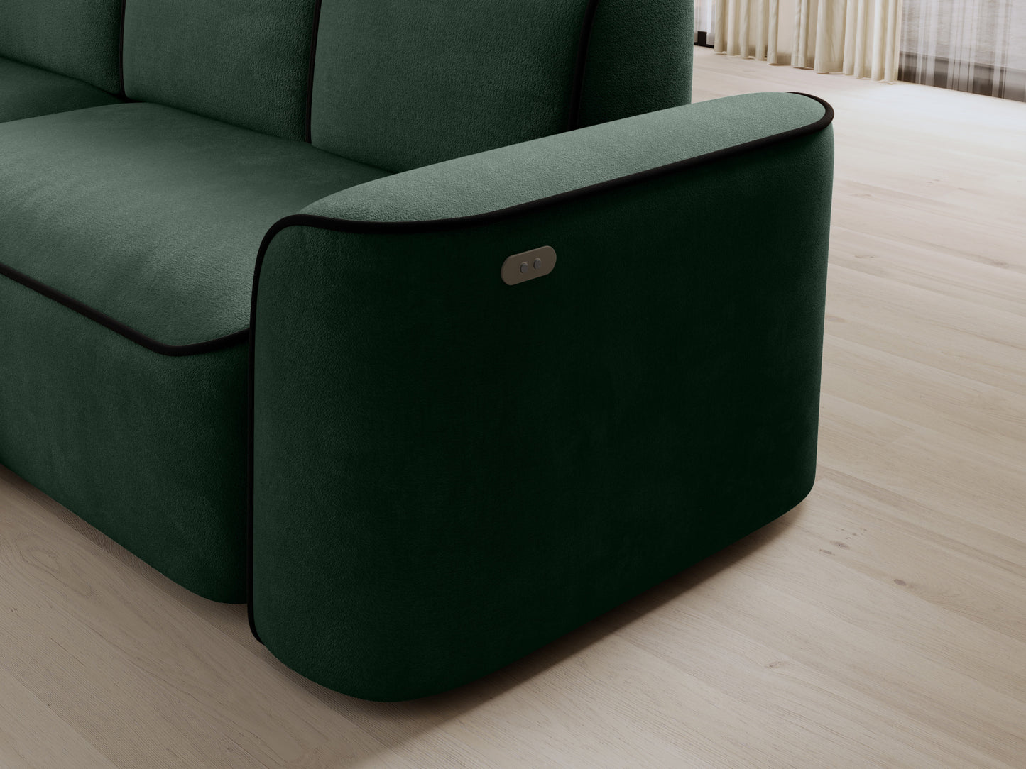 Detale bocznego podłokietnika i przycisków regulacji szezlongu Ume w Amore 35 ciemnozielonym z lamówką Velvetmat 10 czarną.