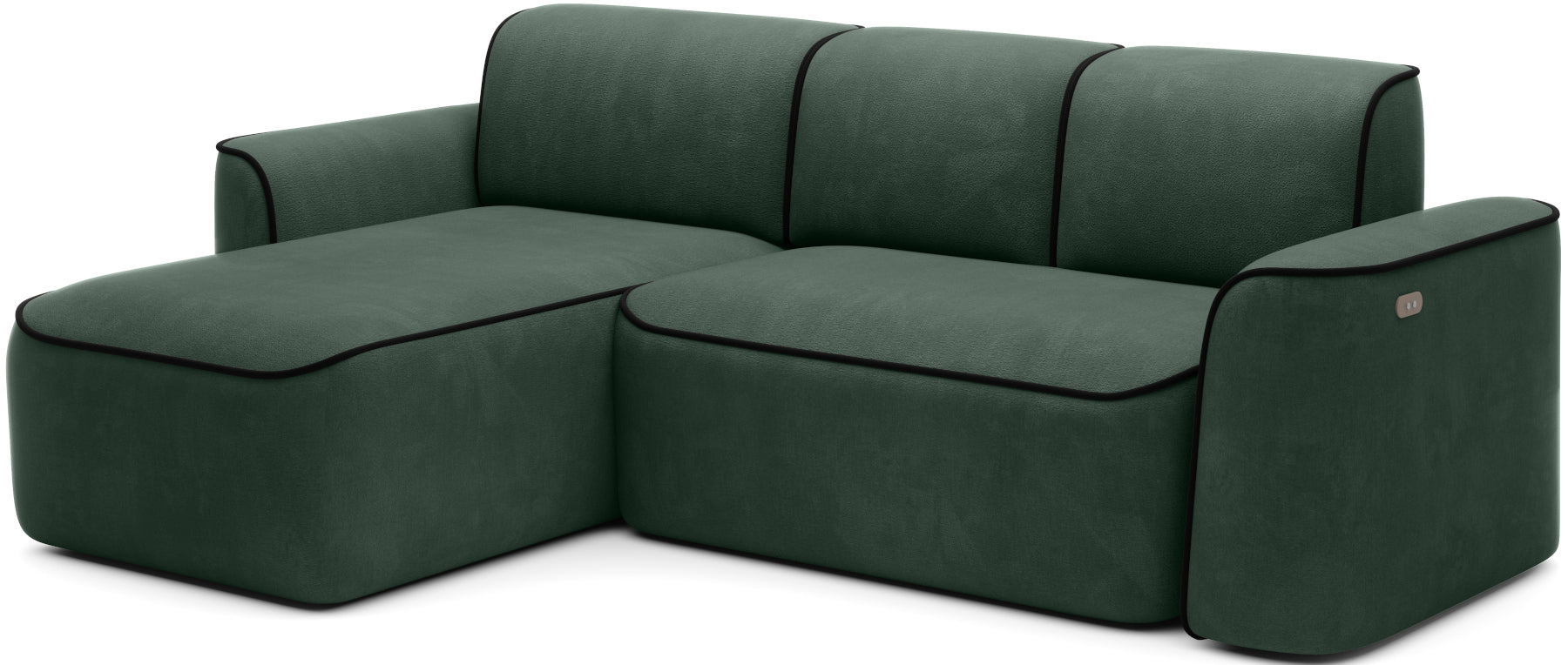 Narożnik Ume w układzie lewym w Amore 35 ciemnozielonym z lamówką Velvetmat 10 czarną, widok skośny z przodu na białym tle.