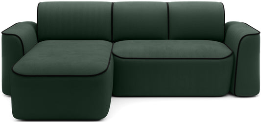 Narożnik Ume w układzie lewym w Amore 35 ciemnozielonym z lamówką Velvetmat 10 czarną, widok frontalny na białym tle.