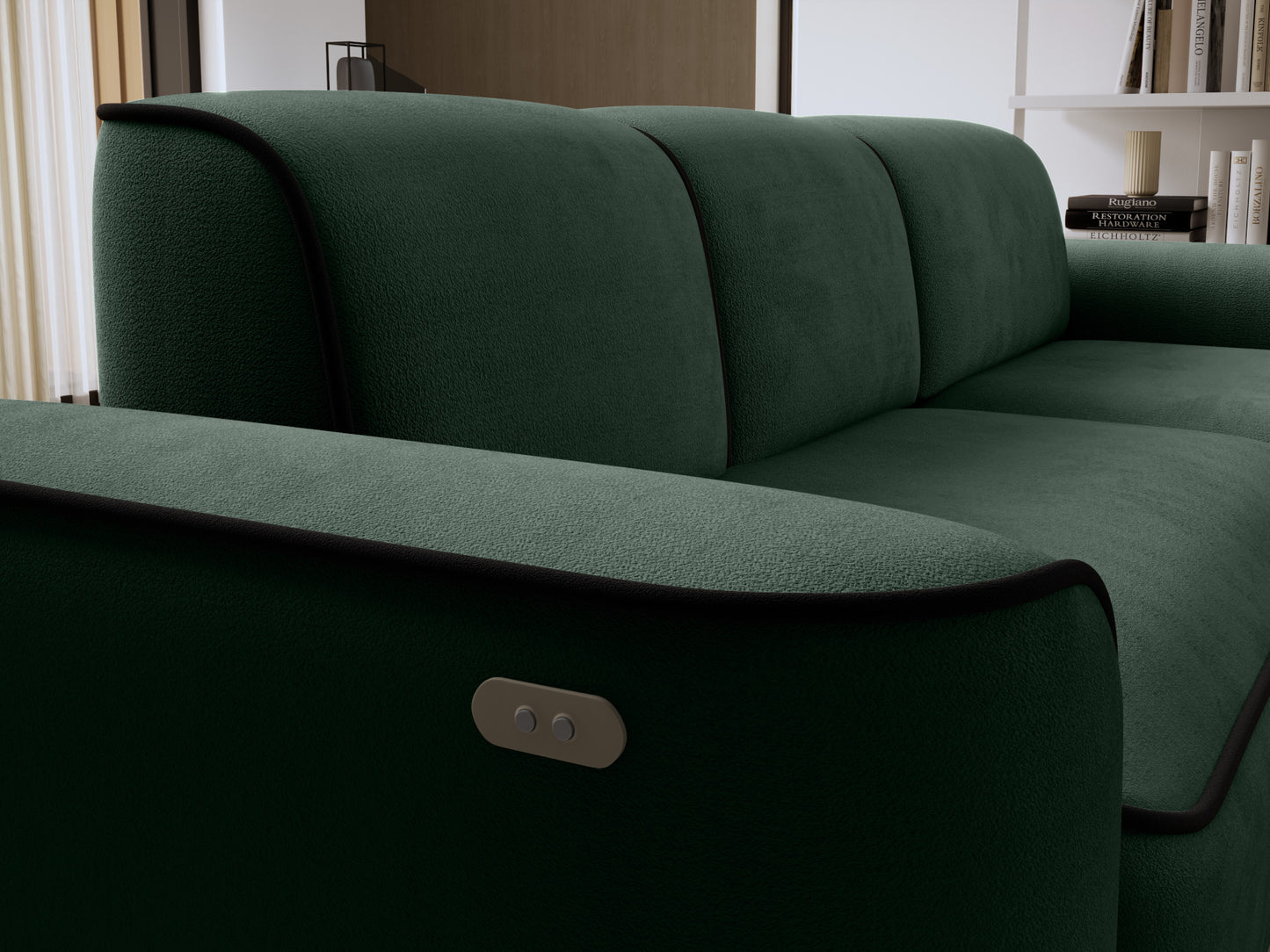 Zbliżenie na oparcie i boczny panel sterowania narożnika Ume w Amore 35 ciemnozielonym z lamówką Velvetmat 10 czarną.