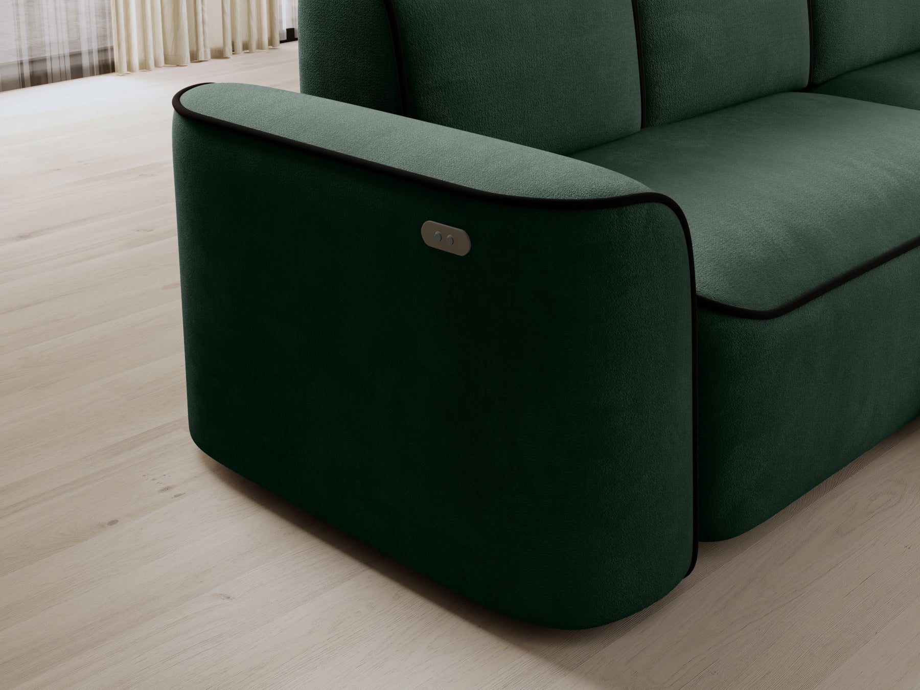 Detale bocznego podłokietnika i przycisków regulacji szezlongu Ume w Amore 35 ciemnozielonym z lamówką Velvetmat 10 czarną.