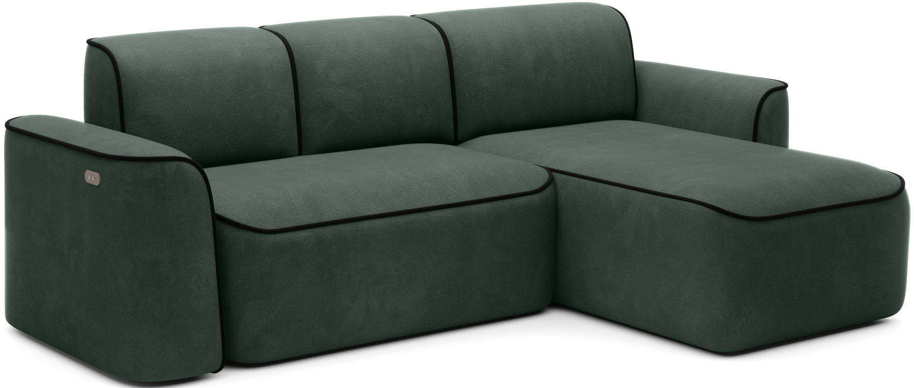 Narożnik Ume w układzie prawym w Amore 35 ciemnozielonym z lamówką Velvetmat 10 czarną, widok skośny z przodu na białym tle.