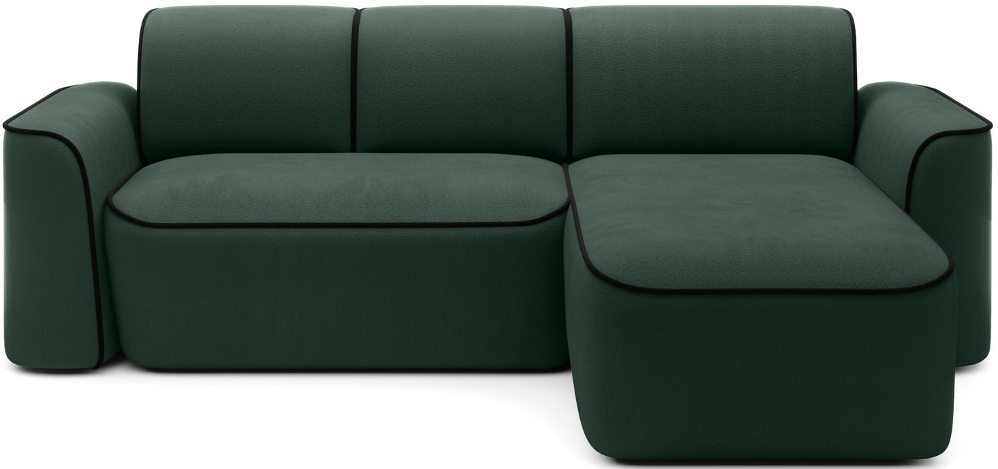 Narożnik Ume w układzie prawym w Amore 35 ciemnozielonym z lamówką Velvetmat 10 czarną, widok frontalny na białym tle.