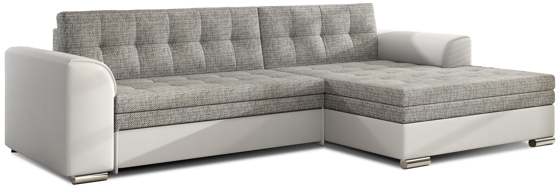 Narożnik Conforti prawy w tkaninie Berlin 01 szarej oraz Soft 17 białej wyróżnia się nowoczesnym designem i eleganckim kontrastowym wykończeniem. Komfortowy narożnik do salonu zapewnia wygodne miejsce do codziennego relaksu i doskonale wpisuje się w jasne nowoczesne aranżacje wnętrz.