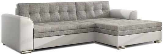 Narożnik Conforti prawy w tkaninie Berlin 01 szarej oraz Soft 17 białej wyróżnia się nowoczesnym designem i eleganckim kontrastowym wykończeniem. Komfortowy narożnik do salonu zapewnia wygodne miejsce do codziennego relaksu i doskonale wpisuje się w jasne nowoczesne aranżacje wnętrz.