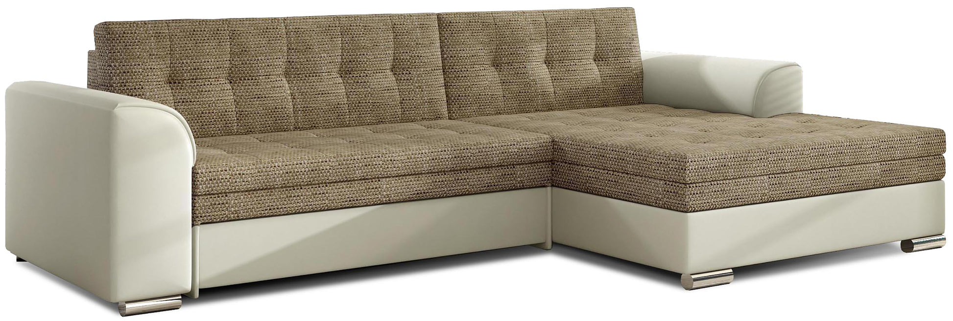 Narożnik Conforti prawy w tkaninie Berlin 03 ciemnobeżowej oraz Soft 33 beżowej wyróżnia się nowoczesnym designem i eleganckim wykończeniem. Komfortowy narożnik do salonu zapewnia wygodne miejsce do codziennego relaksu i doskonale pasuje do jasnych aranżacji wnętrz.