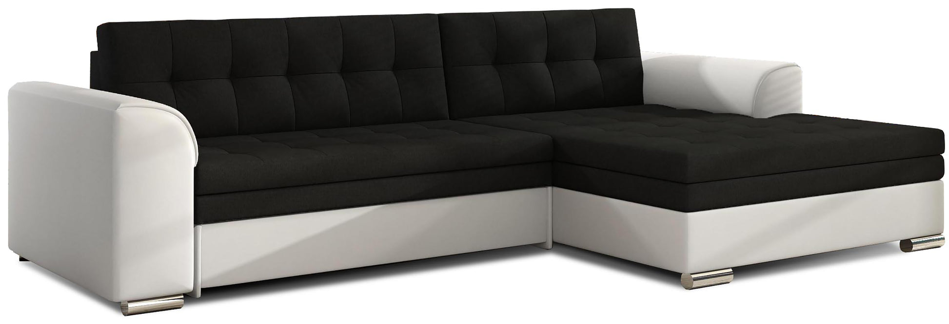 Narożnik Conforti prawy w tkaninie Sawana 14 czarnej oraz Soft 17 białej wyróżnia się nowoczesnym designem i eleganckim kontrastowym wykończeniem. Komfortowy narożnik do salonu zapewnia wygodne miejsce do codziennego relaksu i doskonale pasuje do współczesnych wnętrz.