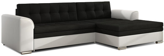 Narożnik Conforti prawy w tkaninie Sawana 14 czarnej oraz Soft 17 białej wyróżnia się nowoczesnym designem i eleganckim kontrastowym wykończeniem. Komfortowy narożnik do salonu zapewnia wygodne miejsce do codziennego relaksu i doskonale pasuje do współczesnych wnętrz.