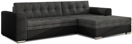 Narożnik Conforti w tkaninie Sawana 05 ciemnoszary z bokami Soft 11 czarny, szezlong po lewej stronie, widok z przodu na białym tle