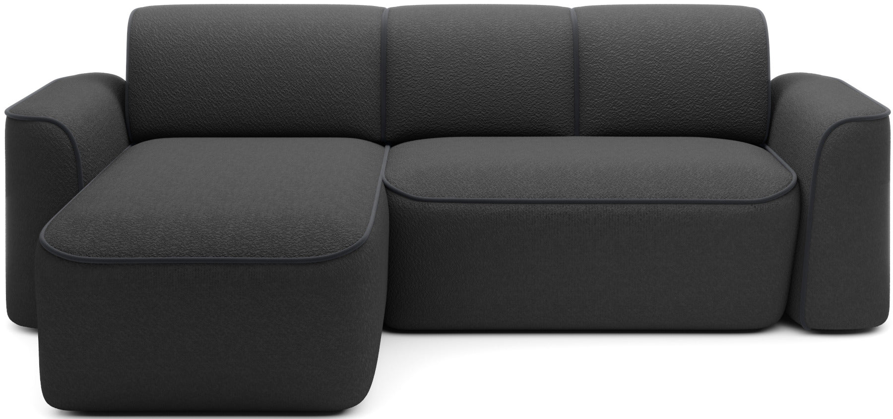 Frontowy, studyjny widok narożnika Ume w układzie lewym z szezlongiem po lewej stronie, tapicerka bouclé Royal 05 czarny z lamówką Velvetmat 06 ciemnoszary.