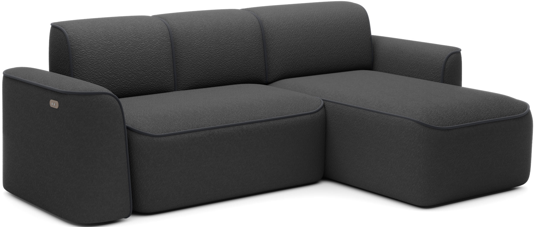 Widok 3/4 narożnika Ume w układzie prawym, czarna tkanina Royal 05 i subtelna obwódka Velvetmat 06 ciemnoszary na białym tle.