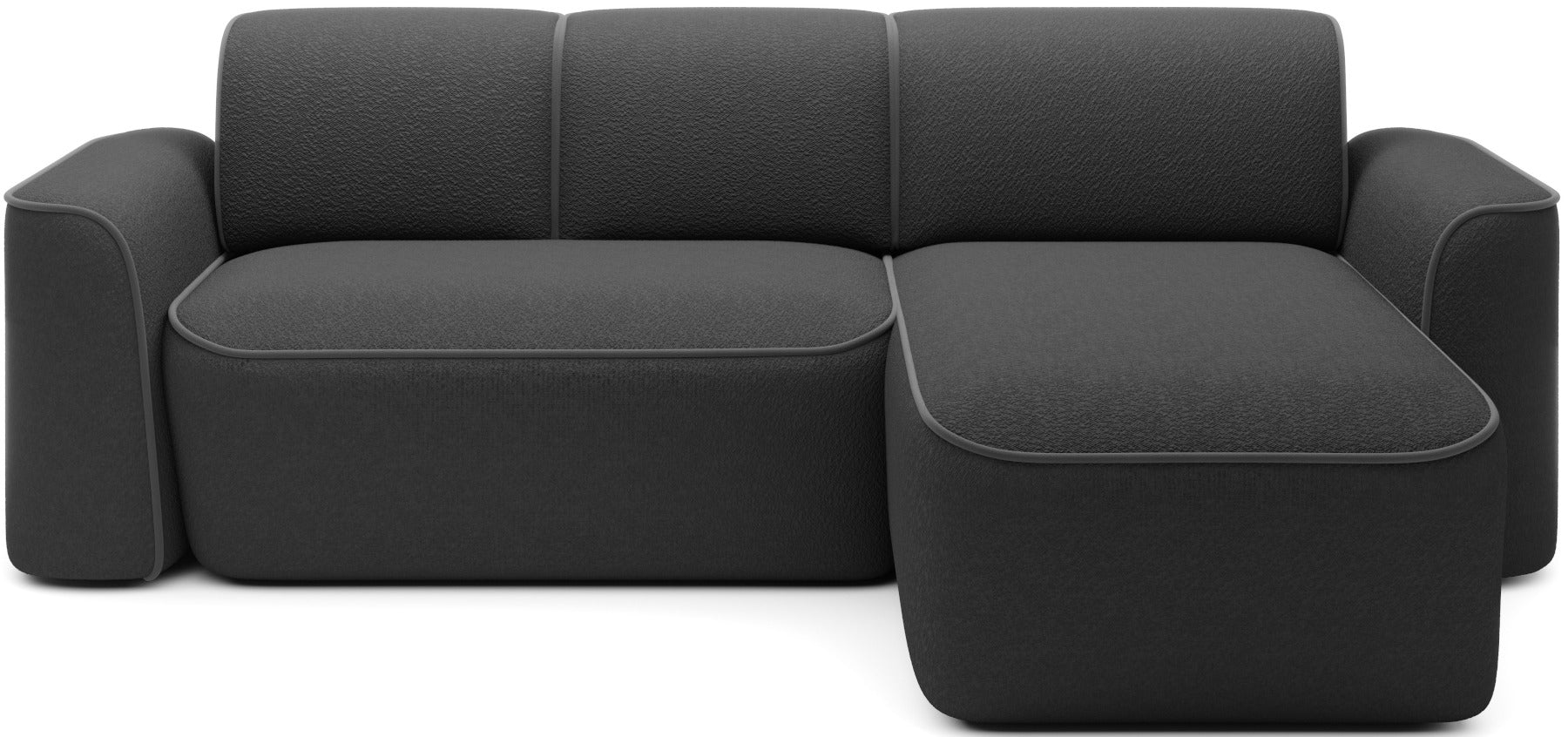 Narożnik Ume w układzie prawym, tkanina bouclé Royal 05 czarny z lamówką Velvetmat 04 szary – widok frontowy na białym tle.