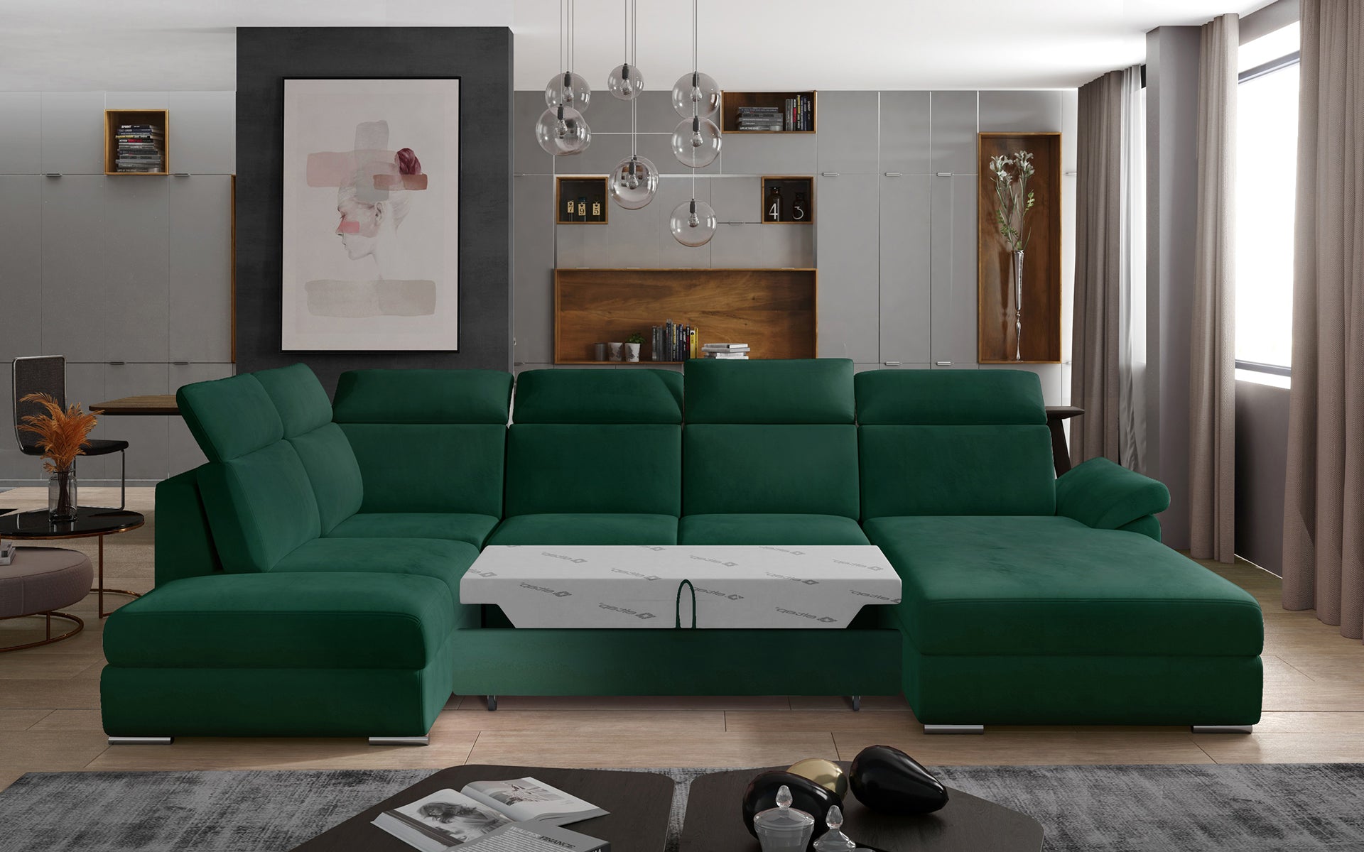 Nowoczesny narożnik do salonu Evanell Monolith 37 w zielonym odcieniu z miękkimi poduszkami, wysuniętą funkcją spania i ergonomicznym oparciem, idealny wybór dla osób poszukujących eleganckiej i funkcjonalnej kanapy narożnej do domu