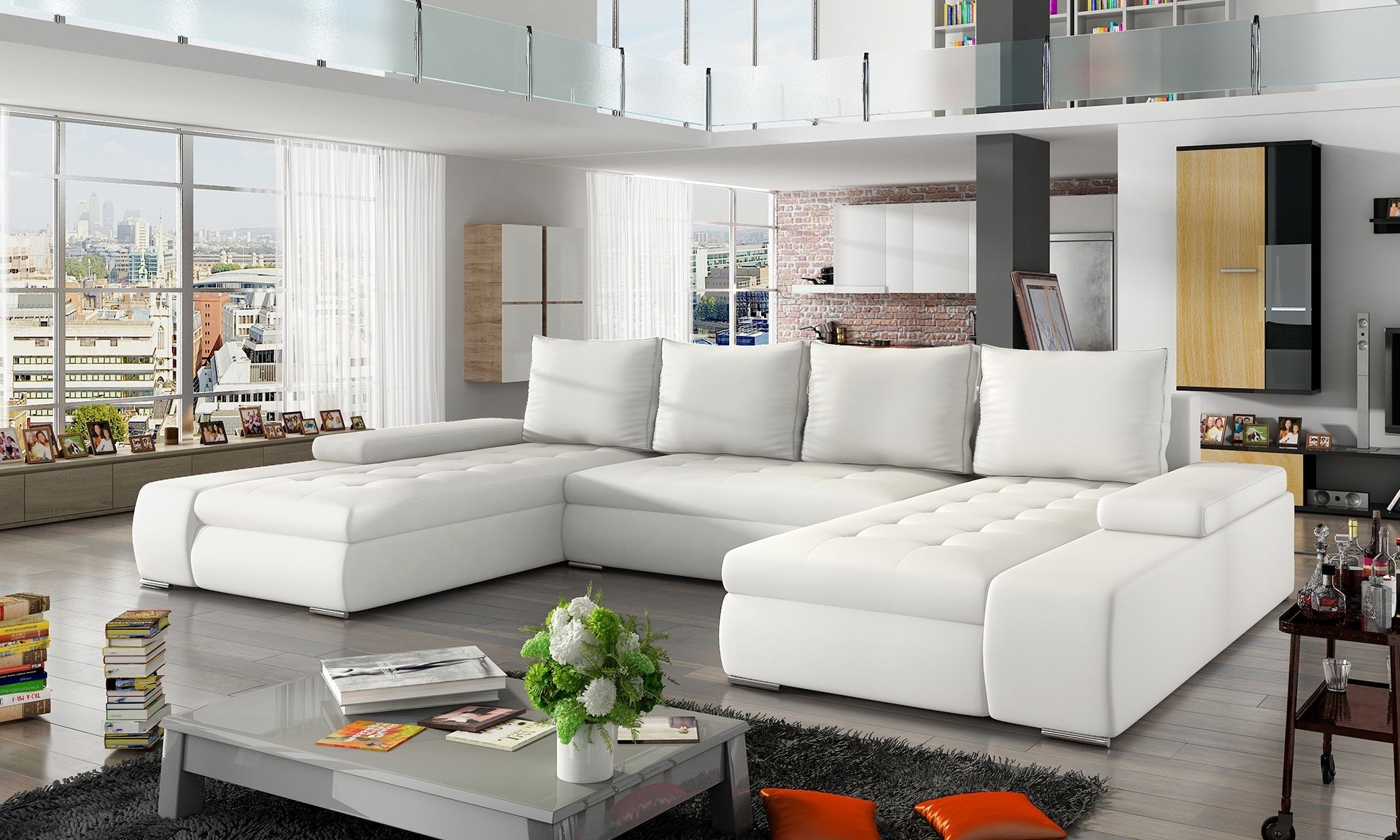 Biały narożnik Marino uniwersalny w ekoskórze Soft 17 to elegancka sofa do salonu o dużej powierzchni wypoczynkowej, idealna dla rodzin ceniących jasne, nowoczesne wnętrza i łatwość utrzymania czystości.