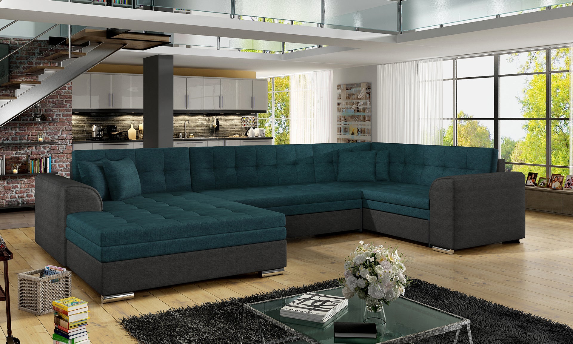 Zielono-szary narożnik Damario Dora 85 i Dora 96 w nowoczesnym salonie z dużymi oknami i drewnianą podłogą.