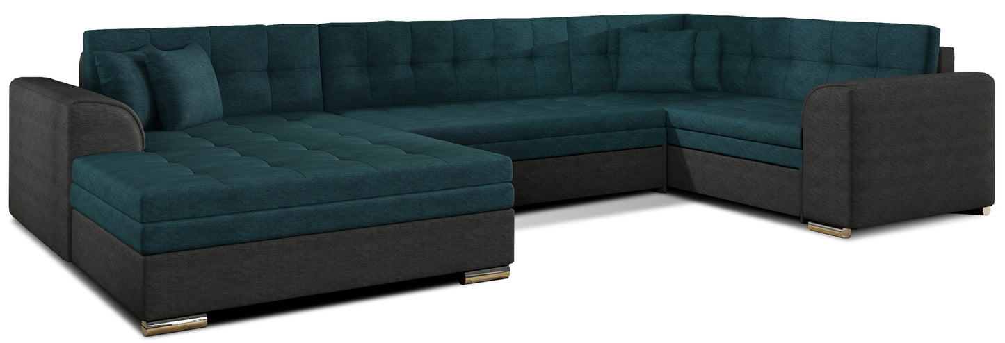 Narożnik Damario w układzie lewym, tapicerowany tkaniną Dora 85 zielony z bokami w Dora 96 ciemnoszary, widok na całość z poduszkami.