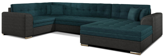 Narożnik Damario w układzie prawym, tapicerowany tkaniną Dora 85 zielony z bokami w Dora 96 ciemnoszary, widok na całą bryłę z poduszkami.