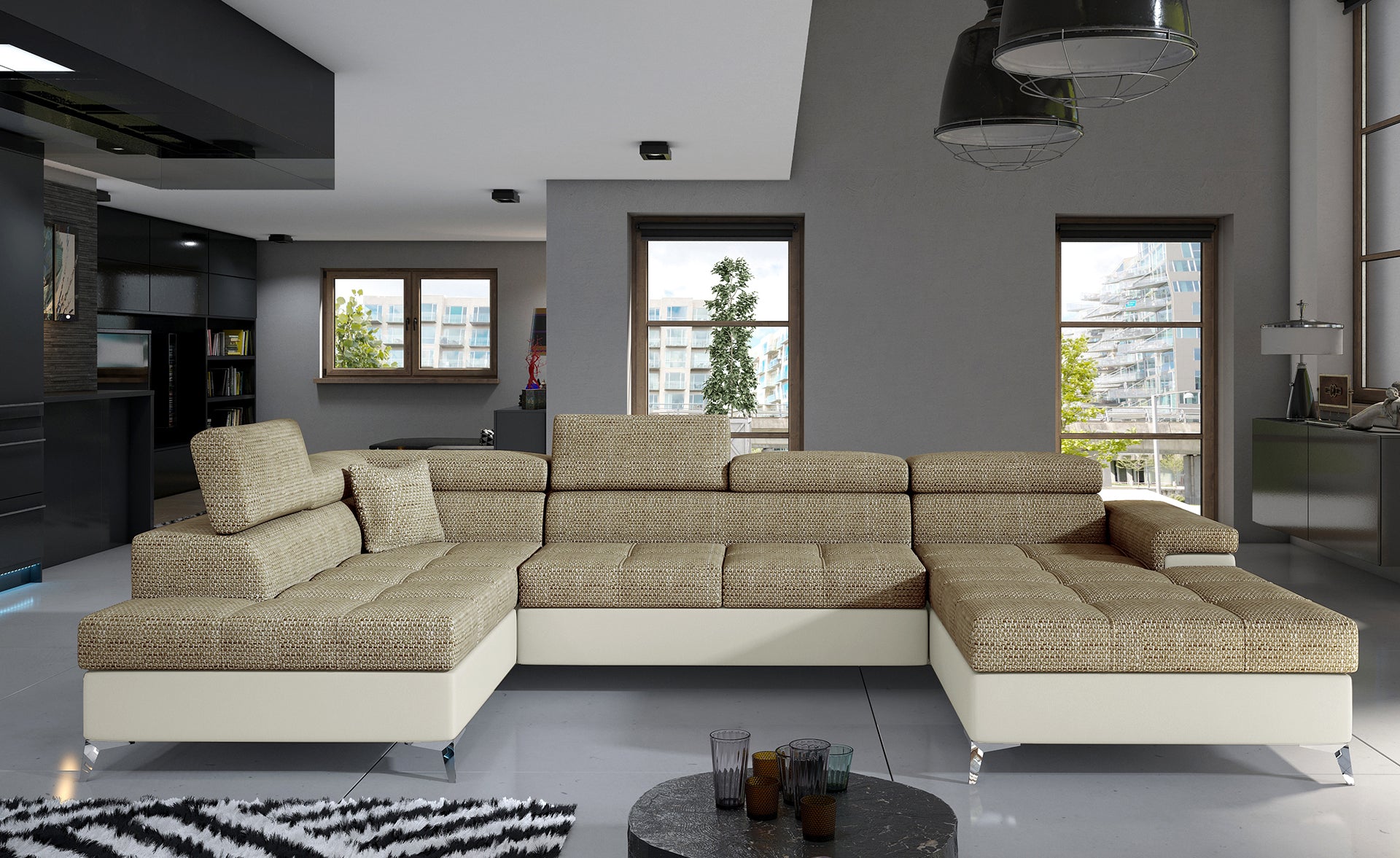 Ciemnobeżowy narożnik Eduardo z jasnym dołem, wygodny model do salonu 25–30 m2