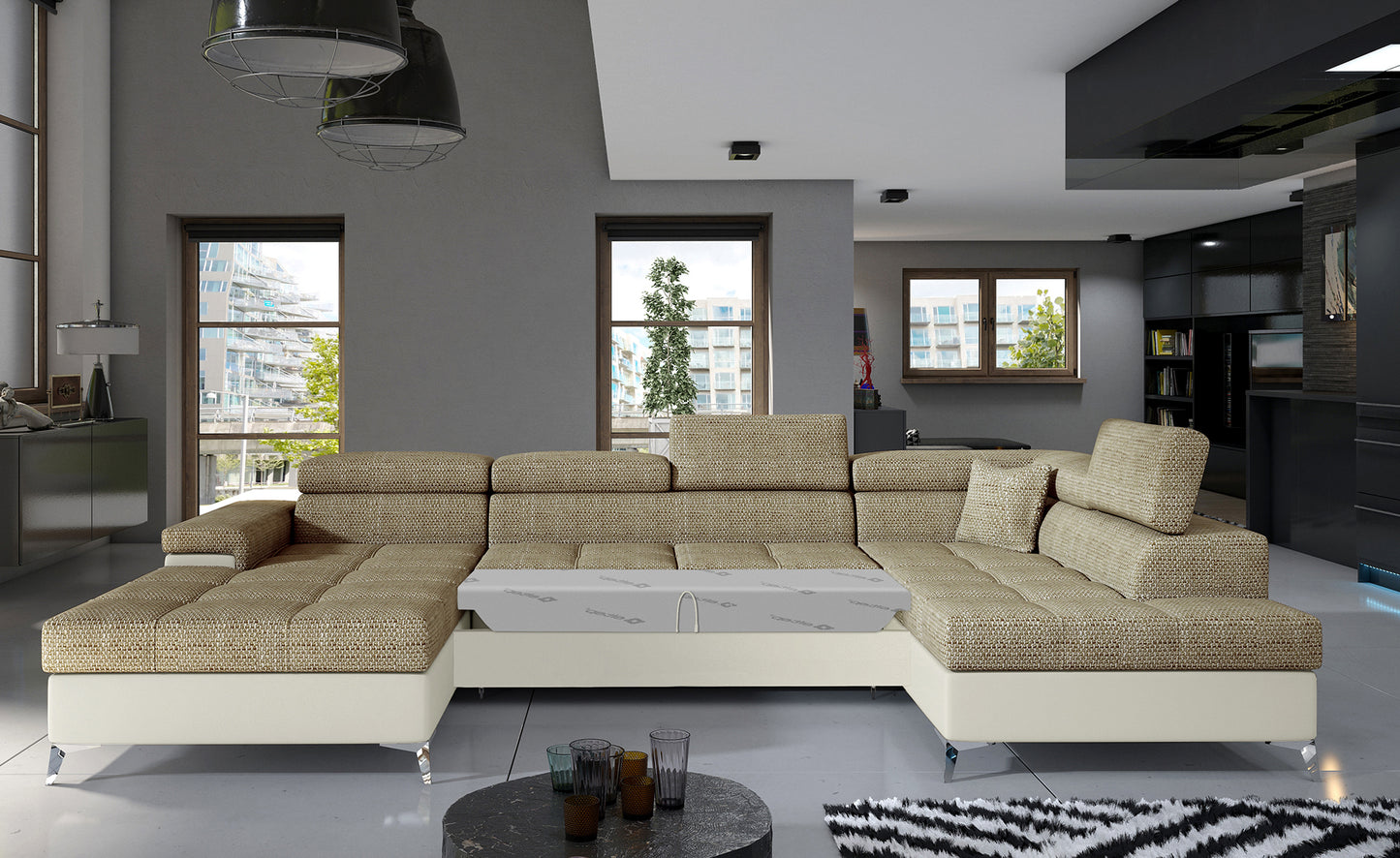 Narożnik Eduardo Berlin 03 w kolorze ciemnobeżowym z jasną bazą Soft 33, elegancki i wygodny model do salonu dla rodziny z dziećmi