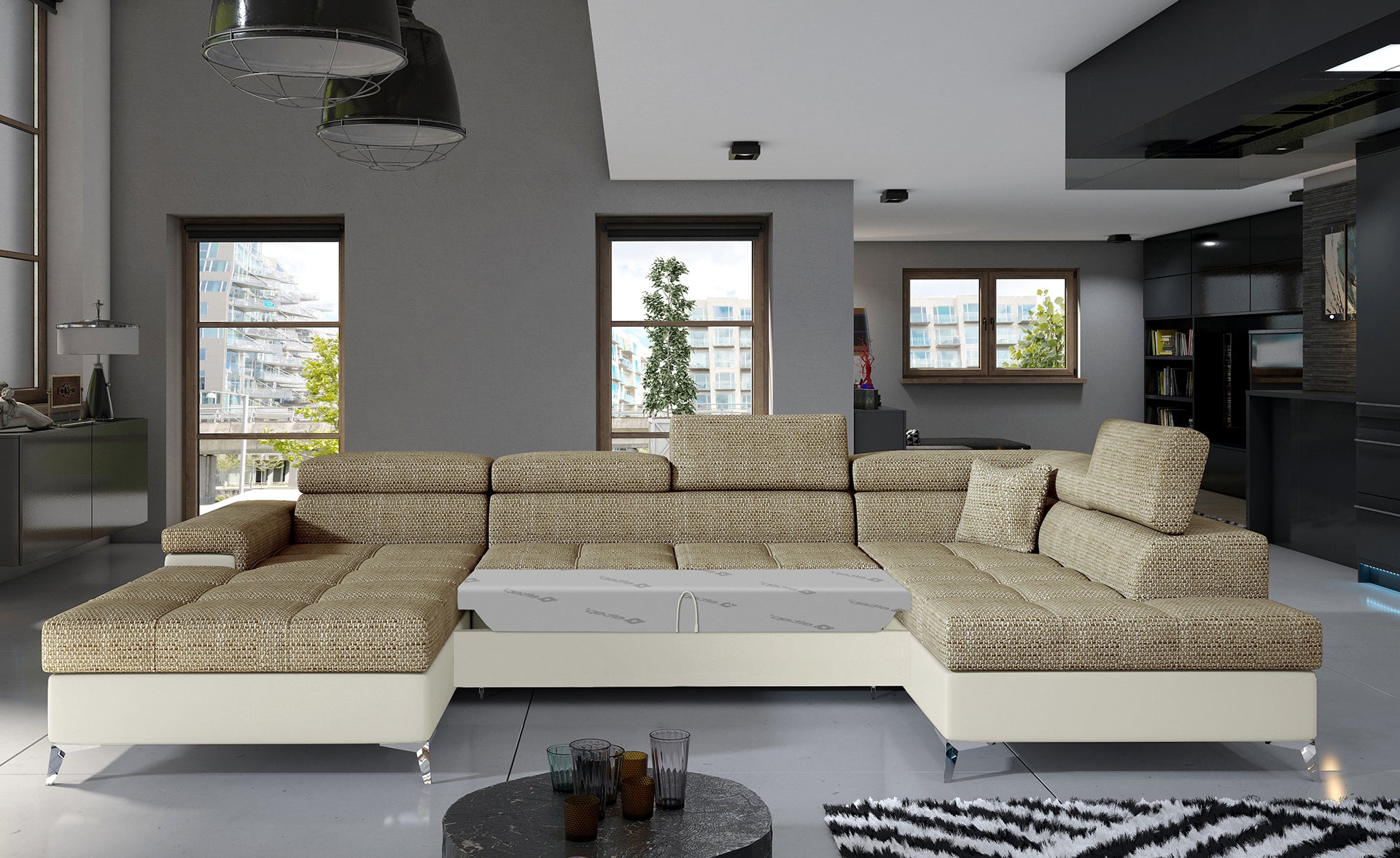 Narożnik Eduardo Berlin 03 w kolorze ciemnobeżowym z jasną bazą Soft 33, elegancki i wygodny model do salonu dla rodziny z dziećmi