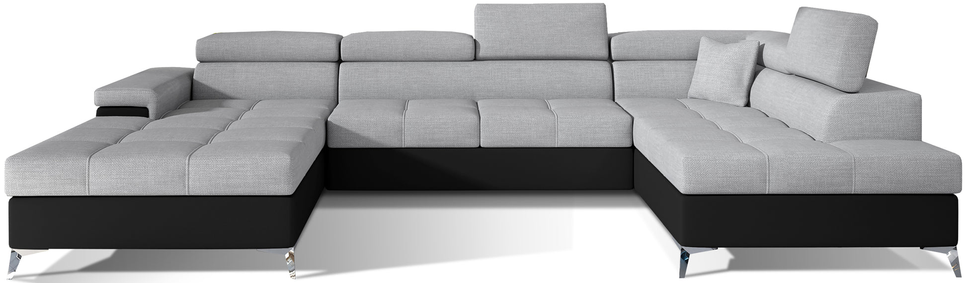 Szaro-czarny narożnik Eduardo w tkaninie Sawana 21 i Soft 11 z regulowanymi zagłówkami, duża powierzchnia do siedzenia i nowoczesny design idealny do przestronnego salonu