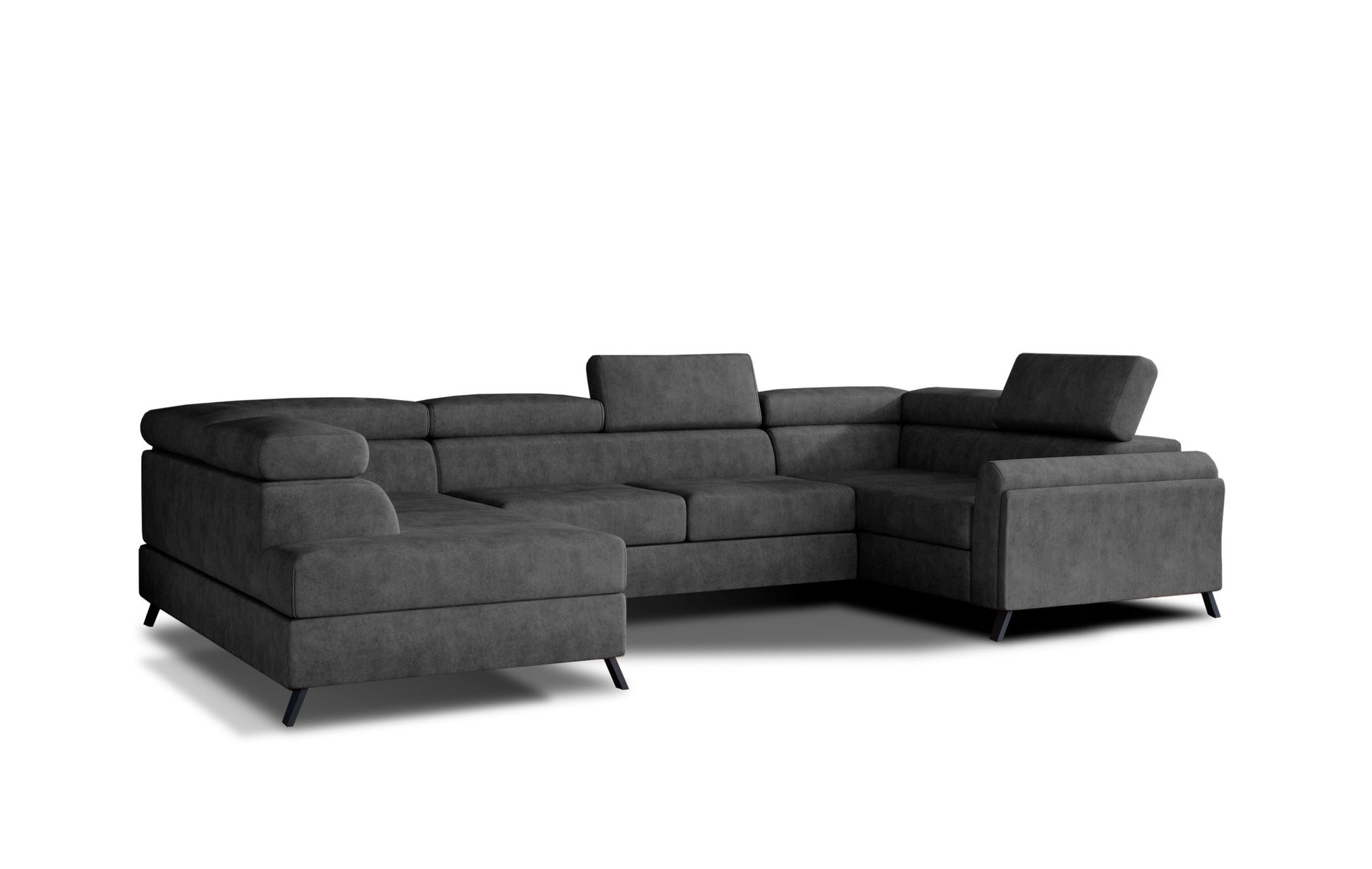 Czarny narożnik Escada lewy Dora 96 w nowoczesnym stylu, komfortowy mebel wypoczynkowy do salonu z regulowanymi zagłówkami.